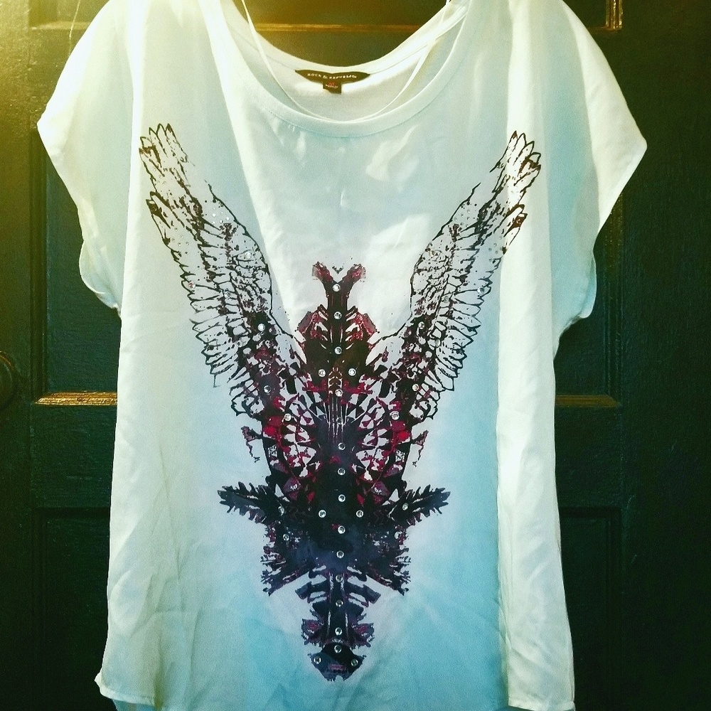 Rock & Republic Sheer Rhinestone Eagle Detail Top